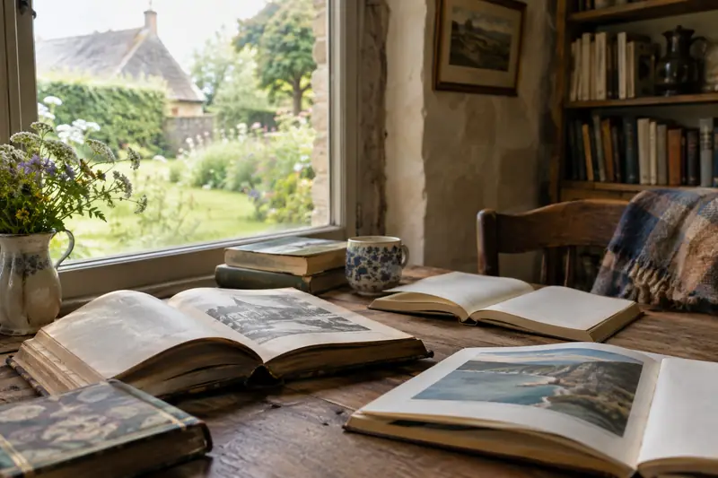 Livres ouverts sur une table près d’une fenêtre dans une maison normande lumineuse
