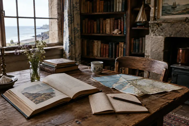 Livre ouvert et carnet dans une bibliothèque ancienne de Normandie