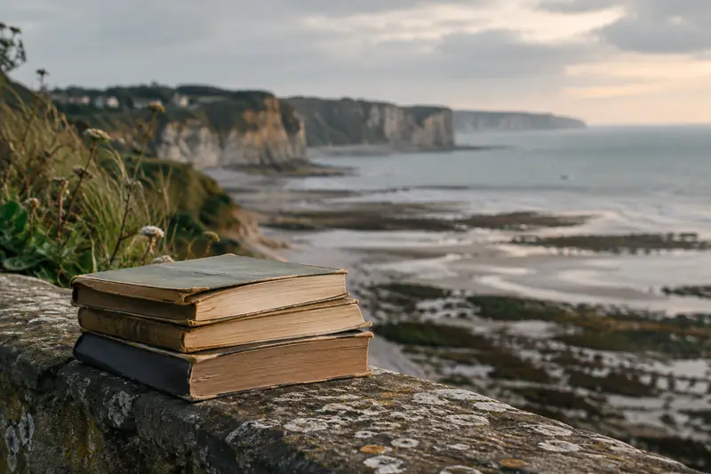 Livres de poésie posés face à la mer sur un rivage normand