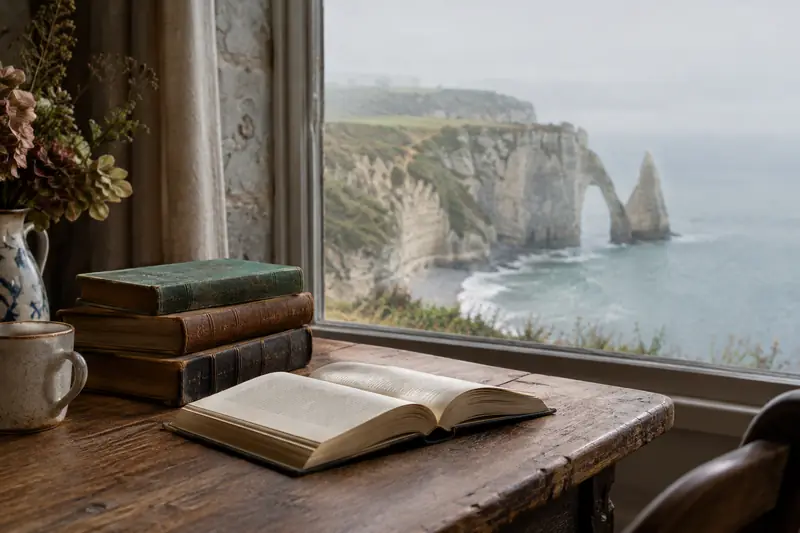 Livres ouverts près d’une fenêtre face aux falaises normandes dans une lumière brumeuse