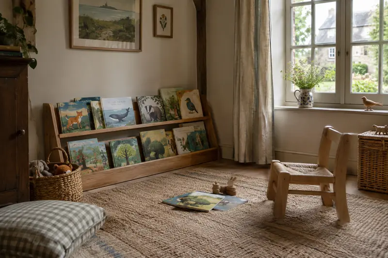 Une étagère basse d’albums et de documentaires dans une maison normande lumineuse