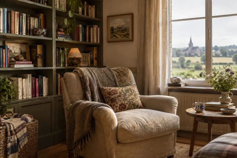 Bibliothèque aux livres variés dans un coin lecture normand baigné de lumière douce