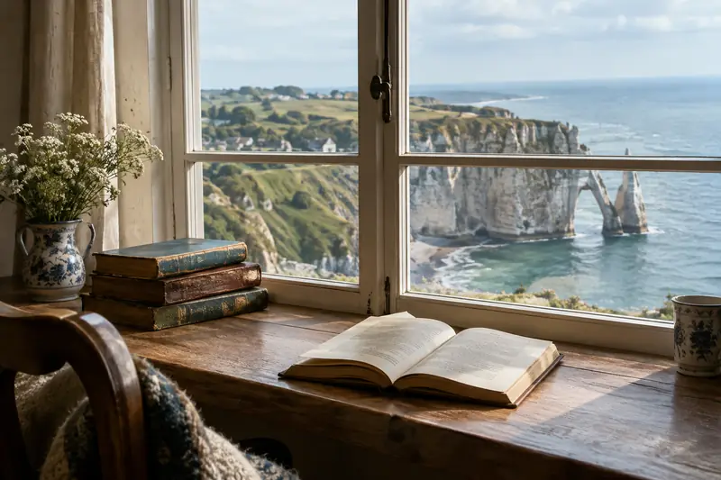 Livres anciens ouverts devant les falaises normandes baignées de lumière naturelle