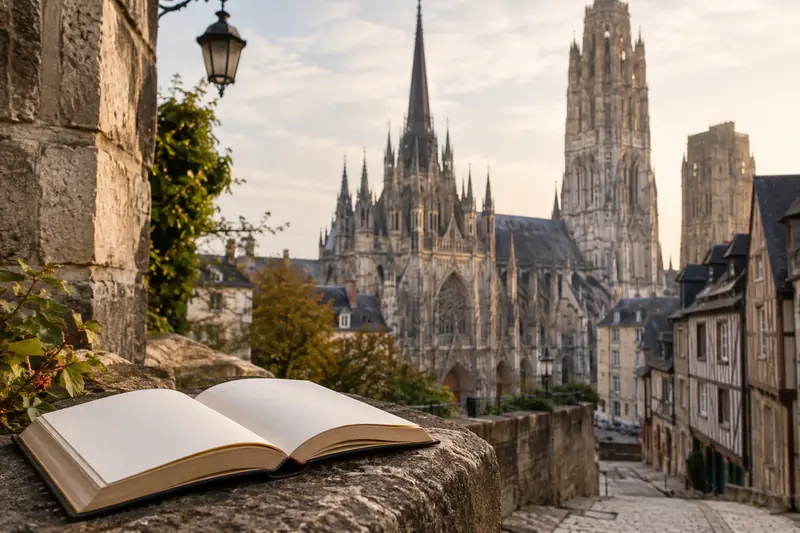 Un livre ouvert près de la cathédrale de Rouen, baignée de lumière naturelle