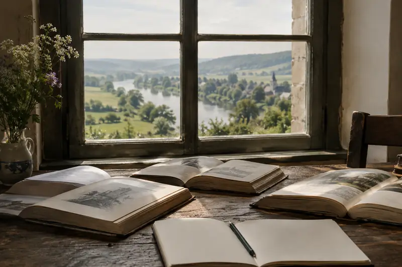 Livres d’histoire ouverts près d’une fenêtre, avec la vallée normande de l’Epte en arrière-plan.
